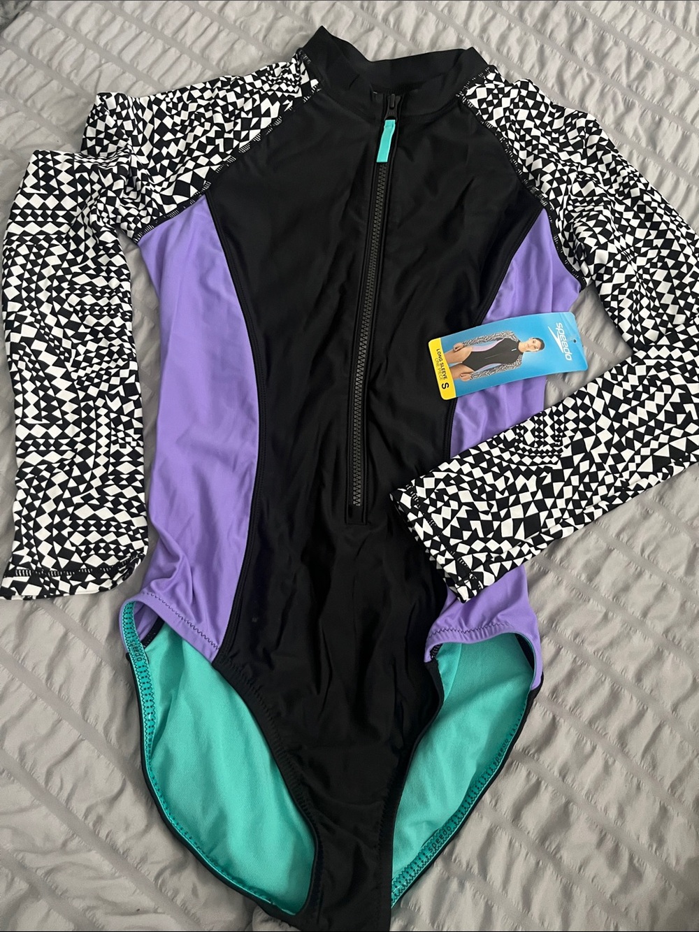 Speedo Black, Purple & Teal Long-Sleeve One-Piece Swim Suit